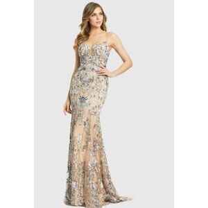 Mac Duggal Silver and Cream Floral Maxi Dress